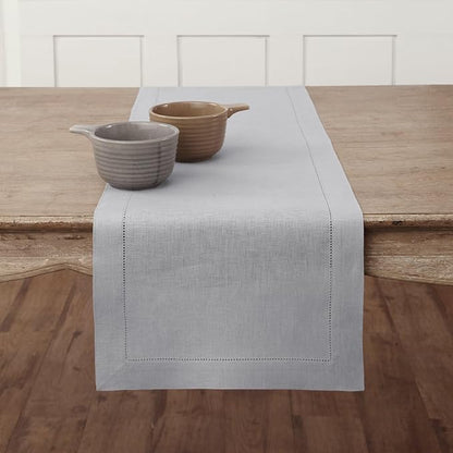Solino Home Linen Soft Grey Table Runner 36 Inches - Classic Hemstitch, 100% Pure Linen Coffee Table Runner 14 x 36 Inch Ideal for Dresser Tables - Winter, Spring, Easter