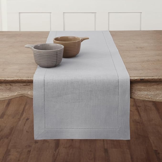 Solino Home Linen Soft Grey Table Runner 132 Inches Long - 100% Pure Linen Extra Long Table Runner 14 x 132 Inch for Spring, Easter - Classic Hemstitch