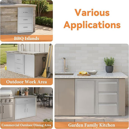 Jocisland Outdoor Kitchen Drawers 28" W×23" D×23" H Stainless Steel Drawers for Outdoor Kitchens, 3-Tier Cabinet & 3-Drawer Combo, Built-in BBQ Island Storage