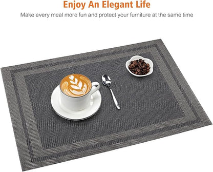 Placemats Set of 8,Washable,Heat and Stain Resistant Indoor/Outdoor Place mats,Vinyl Woven Non Slip Table Mats for Restaurant Table Protection,PVC Placemats(Black Gold 8PCS)