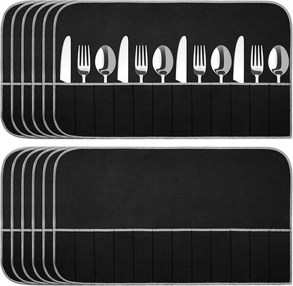 Hillban 12 Pcs Anti Tarnish Silver Storage Bags Silver Storage Cloth Felt Flatware Organizer Anti Tarnish Protector Bags Place Setting Roll with White Ribbon for Kitchen Cutlery (12 Slots,Black)