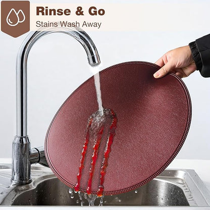 Round Vinyl Burgundy Placemats Set of 6, Faux Leather Waterproof Wipeable Heat Resistant Place Mats, Washable Table Mats for Halloween, Thanksgiving & Christmas Dinner(Burgundy)