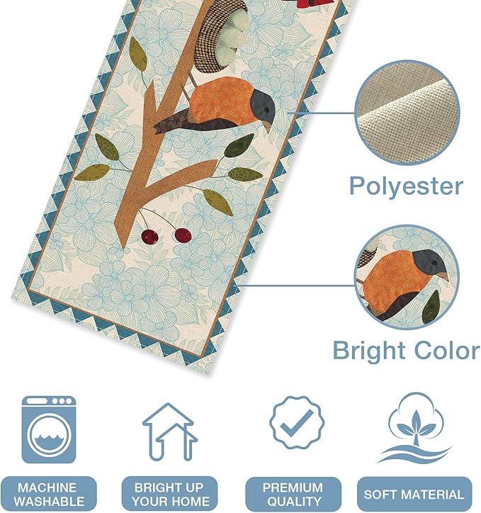 Seliem Spring Summer Birds Blue Table Runner, Cardinal Chickadee Bluebird Branch Red Berry Kitchen Dining Table Decor, Flower Nest Egg Burlap Home Decoration Indoor Outdoor Party Supply 13 x 90 Inches