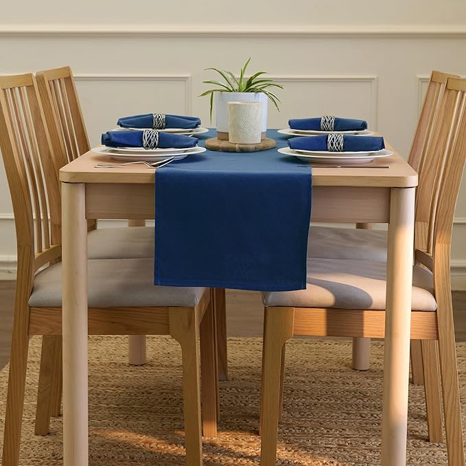 Encasa XO Table Runner 13"x91" Long | Cotton Canvas Fabric | Cobalt Solid Color | Machine Washable & Durable