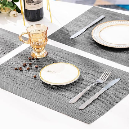 Leetaltree Grey Placemats, Heat Resistant Non-Slip Place mats for Dining Table, Washable Durable PVC Vinyl Woven Table Mats (Set of 4)