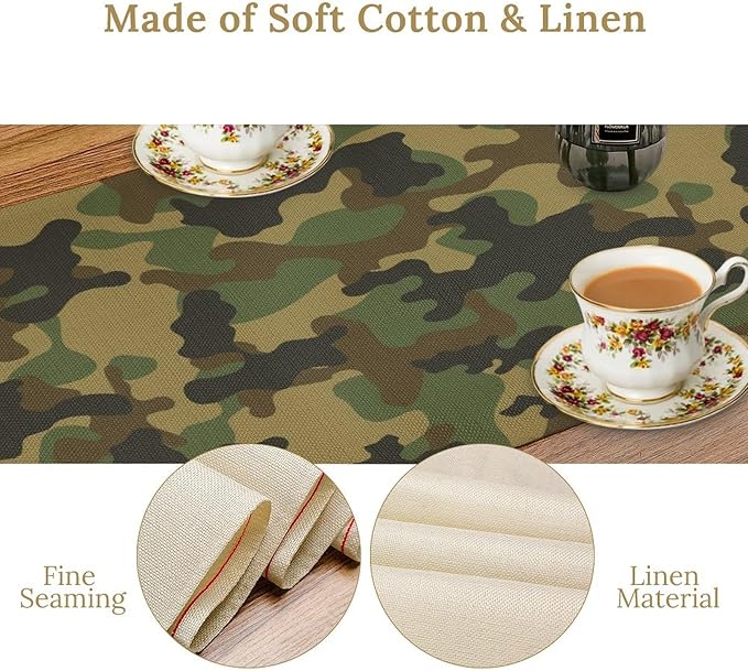 Camo Table Runner, Military Camouflage Coast Guard Force Soldier Hunting Themed Table Runner for Holiday Birthday Party Home Kitchen 13x120in