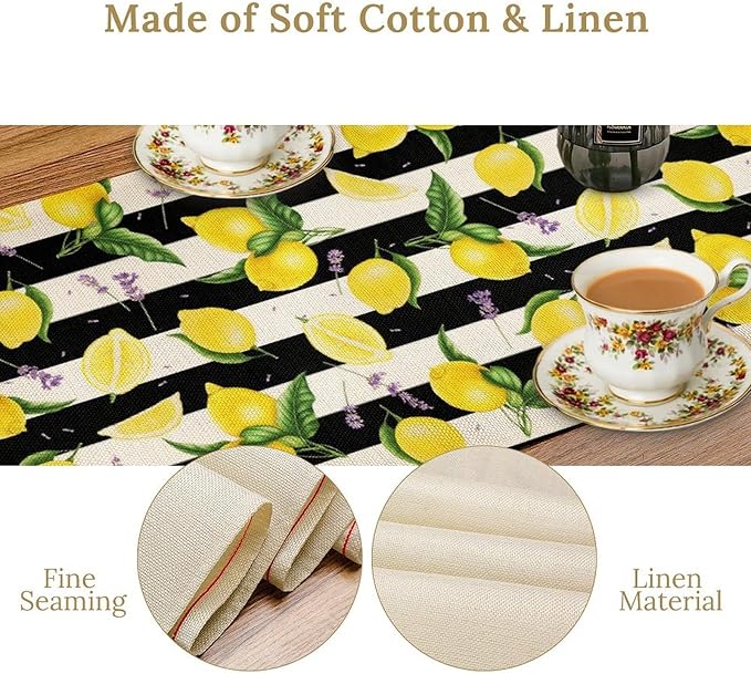 Farmhouse Lemon Fruit Table Runner Nature Aesthetic Black White Stripe Flowers Plant Dining Table Decoration for Home Holiday Party Dresser Kitchen Cabin Restaurant Wedding Decor 13×108in