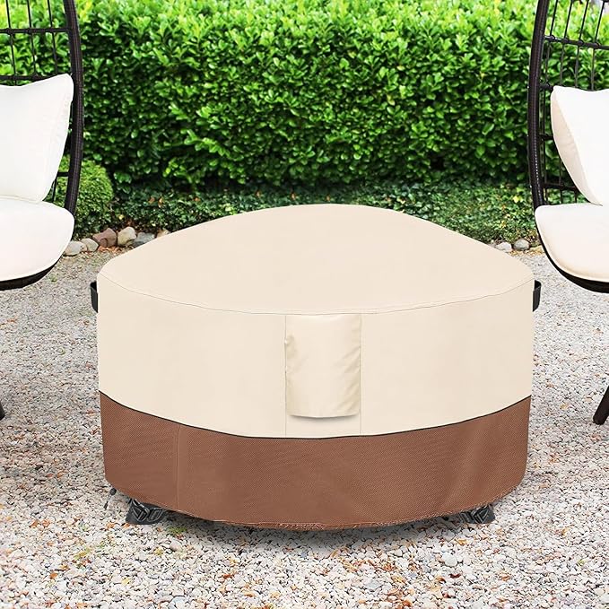 Fire Pit Cover,Outdoor Heavy Duty 600D 100% Waterproof Fire Pit Cover Round,Weatherproof Firepit Covers Round 48" Dia x 24" H,Beige & Brown