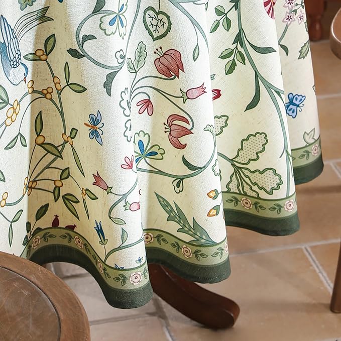Linen 55 Inch Round Tablecloth,Wrinkle Resistant French White and Green Tablecloth Print with Froal,Decor Stitch Table Cloth for Thanksgiving,Dining Room,Home Diameter 55"-Idaho A
