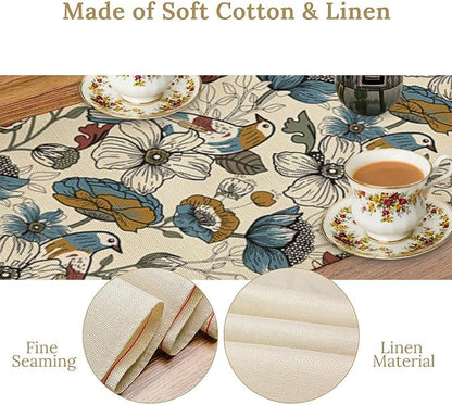 Boho Flower Birds Table Runner,Vintage Floral Aesthetic Art Table Decoration for Kitchen Dining Table Holiday Indoor Outdoor Home Party Decor 13x108in