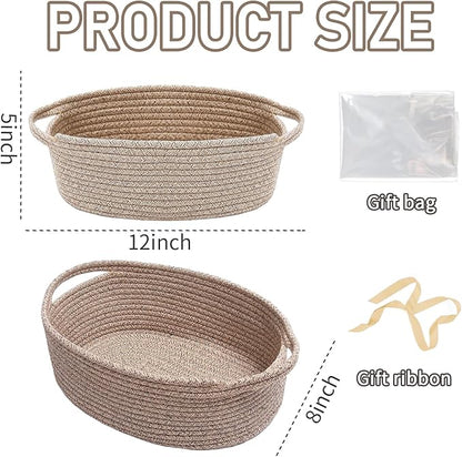 Woven Basket,Small Rope Storage Bin with Handles & Ribbon Bag, Organizer for Shelves Closets,Gift Basket Empty for Birthday,Books,Dog Toys,Oatmeal/3 Pack