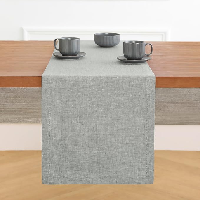 Solino Home Linen Table Runner 60 Inches - 100% Pure Linen Chambray Grey Table Runner 14 x 60 Inch Ideal for Dresser and Coffee Tables - Athena