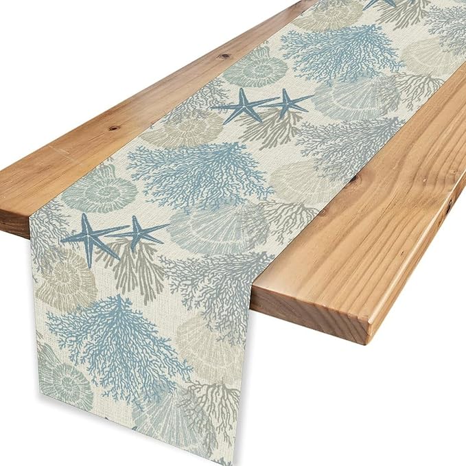 Nautical Table Runner, Summer Coastal Starfish Seashells Coral Tropical Ocean Beach Blue Farmhouse Coffee Table Center Decor for Home Kitchen Dining Patio Indoor Outdoor Table Decorations, 13"x90"