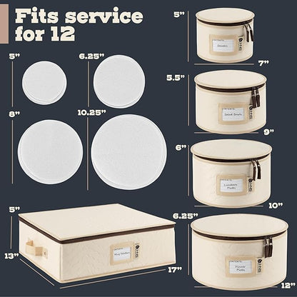 China Storage Hard Shell Containers 5-Piece Set Moving Boxes for Dinnerware, Glasses, Plates, Mugs and Saucers Sturdy Dish Organizer with Dividers for Seasonal Storage - Service for 12 - Beige Quilted