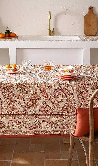 ISAENNE Designer French Red Small Rectangular Tablecloth,Linen Table Cloth with Cashew Pattern,Stain Proof Decor Tablecloths for Dining Thanksgiving Kitchen Christmas,55"*71"-Chauffrey D