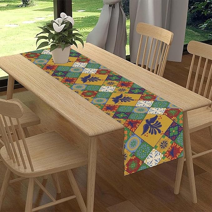 Mexican Table Runner, Orange Floral Birds Mexico Talavera Ceramic Dia De Los Muertos Coffee Table Center Decor for Family Home Kitchen and Dining Farmhouse Indoor Outdoor Table Decorations, 13" X 108"