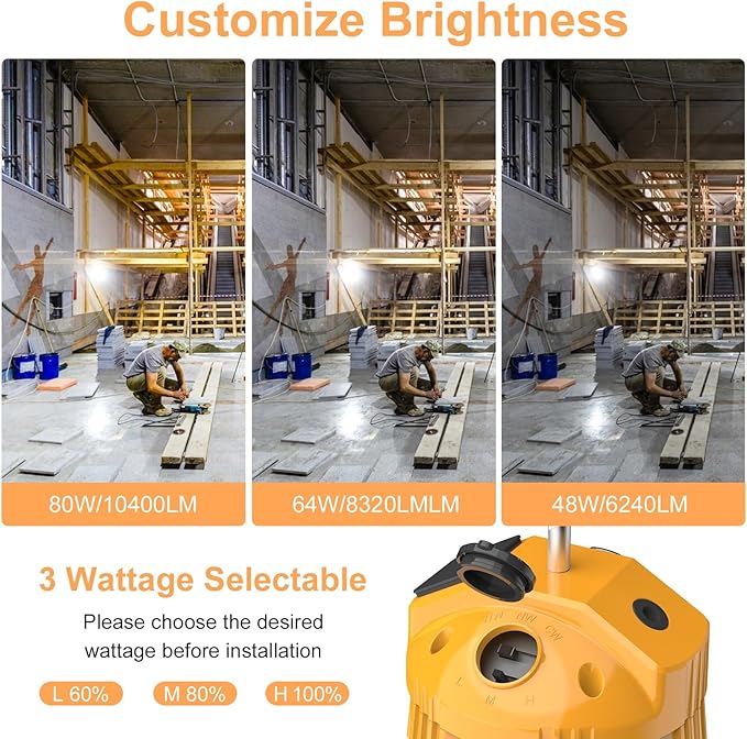LED Temporary Work Light,48W/64W/80W Adjustable,4500K/5000K/5700K CCT Adjustable Construction Light with 10ft Cable Plug and Sturdy Hooks Linkable LED Work Job Site Lighting ETL Listed AC100-277V