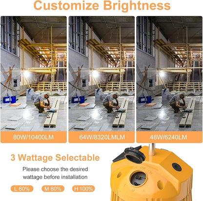 LED Temporary Work Light,48W/64W/80W Adjustable,4500K/5000K/5700K CCT Adjustable Construction Light with 10ft Cable Plug and Sturdy Hooks Linkable LED Work Job Site Lighting ETL Listed AC100-277V