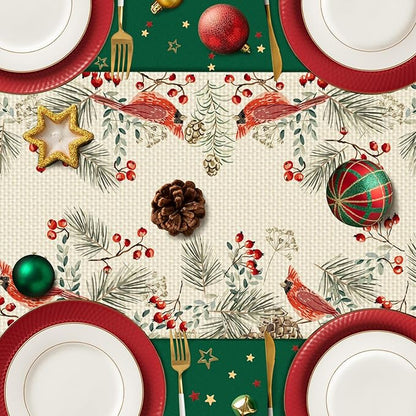 Christmas Bird Burlap Table Runner Seasonal Spring Fall Kitchen Dining Linen Table Decoration for Indoor Outdoor Home Party Dinner 13x72 Inch