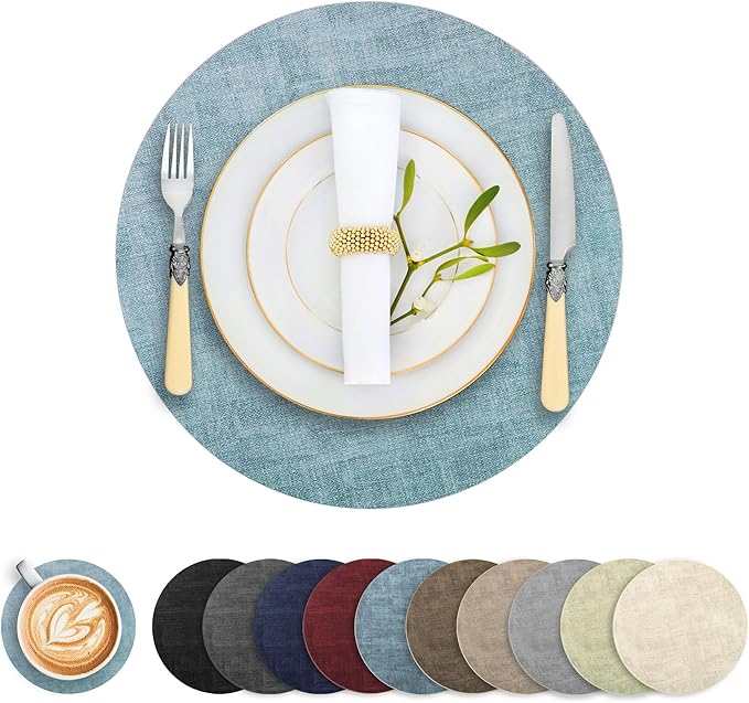 Round Faux Leather Placemats and Coasters, Set of 8, Reversible Heat Resistant Non-Slip Table Mats, Waterproof Wipeable Place Mats for Dining Table, Washable for Indoor & Outdoor (8, Blue)