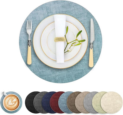 Round Faux Leather Placemats and Coasters, Set of 8, Reversible Heat Resistant Non-Slip Table Mats, Waterproof Wipeable Place Mats for Dining Table, Washable for Indoor & Outdoor (8, Blue)
