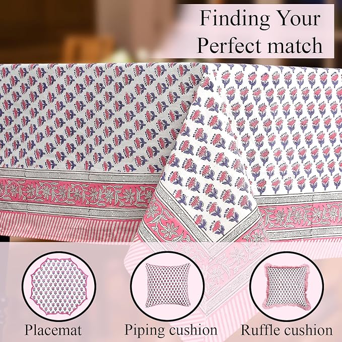 CPC Tablecloth 100% Cotton 70x108 Inch Indian Block Print Rectangle Table Cover, Pink Table Cloth for Weddings, Spring/Summer, Barbeque - Pink Sapphire