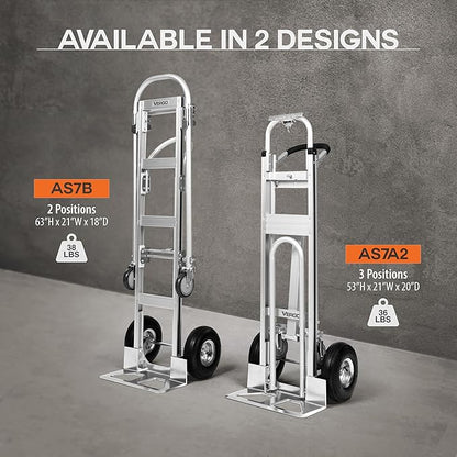 Vergo Industrial Convertible Hand Truck - AS7B Heavy Duty Aluminum 2 in 1 Dolly (800 lb Capacity) Lightweight Reinforced Frame, Ergonomic Handle, Superior Mobility Moving Dolly (2 Positions, 63" High)