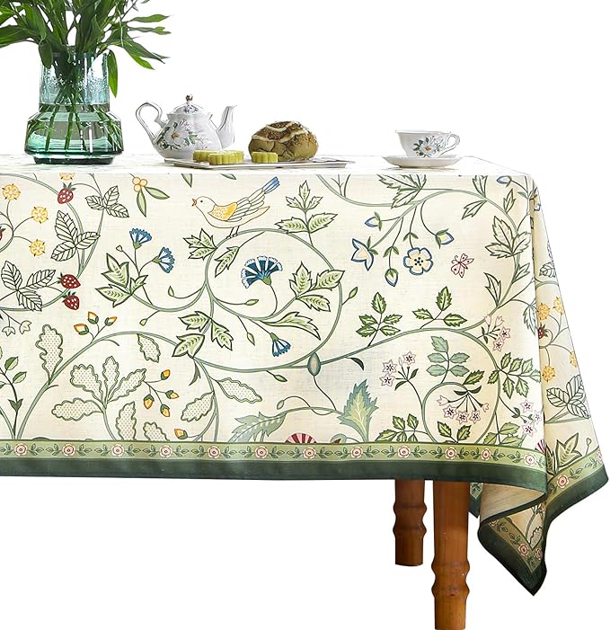 Linen Table Cloth Rectangle,Wrinkle Resistant French White and Green Tablecloth Print with Froal,Decor Stitch Table Cloth for Thanksgiving,Dining Room,Home,55" × 87"-Idaho A