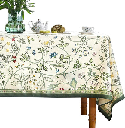 Linen Table Cloth Rectangle,Wrinkle Resistant French White and Green Tablecloth Print with Froal,Decor Stitch Table Cloth for Thanksgiving,Dining Room,Home,63" × 102"-Idaho A