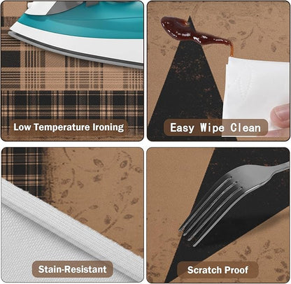 Western Texas Star Round Fitted Tablecloth with Elastic Vintage Primitive Brown Black Checkered Circle Table Cover for 40-44" Tables Waterproof Washable Country Plaid Table Cloth for Kitchen Dining