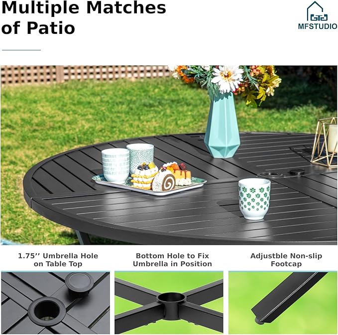 MFSTUDIO 5 Piece Outdoor Dining Set, 42'' Outdoor Round Table and Chairs, Heavy Duty Patio Dining Furniture Metal Table Set for 4 with Cushioned Chairs, Porch, Backyard