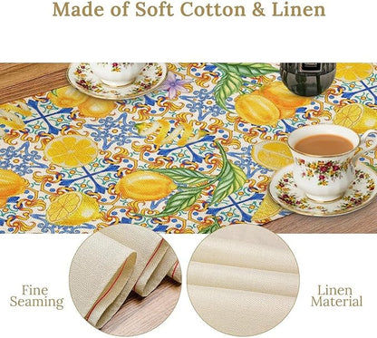 Lemon Tiles Table Runner, Blue Yellow Kitchen Summer Flower Table Runner for Home Kitchen Indoor Outdoor Patio Party 13x120in