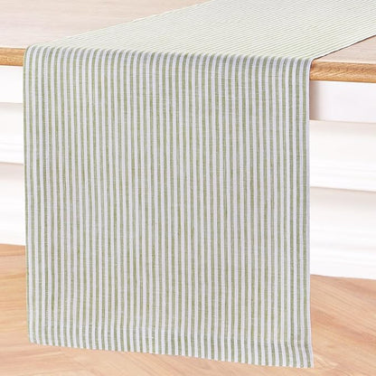 Solino Home Linen Table Runner 48 Inches - Narrow Stripe 100% Pure Linen Avocado and White Farmhouse Table Runner 14 x 48 Inch for Dresser and Coffee Tables - Winter, Spring, St Patricks Day, Easter