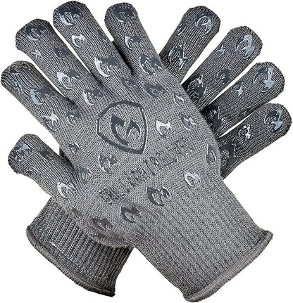 Oven Gloves with Fingers - 932°F Extreme Heat Proof and Cut Resistant Mitts for Kitchen, BBQ, Grill, Baking, Fire Pit - EN407 Certified with Non-Slip Silicone Grip and Cotton Lined for Comfort