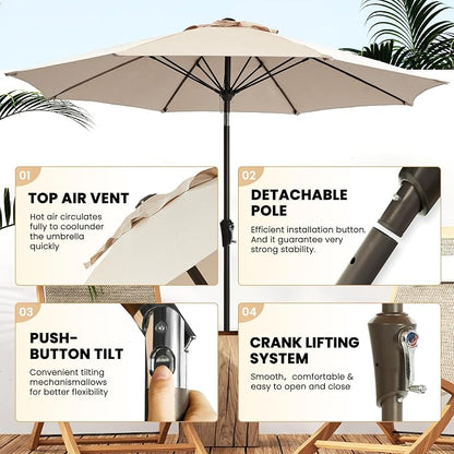 Ayge 9 FT Patio Umbrella Outdoor Table Umbrella Fiberglass Frame Beige | 9 FT - Image 3