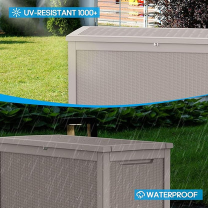 320 Gallon Large Deck Box,Resin Outdoor Storage Box with Lockable for Patio Furniture, Pool Accessories, Garden Tools Waterproof Outside Storage Box, Grey