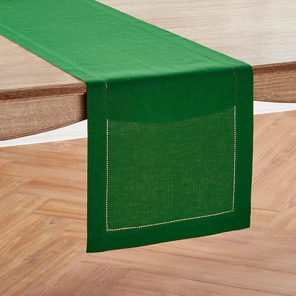 Solino Home Linen Garden Green Table Runner 108 Inches Long - 100% Pure Linen Hemstitch 14 x 108 Inch Table Runner for Dining, Winter, St Patricks Day, Easter - Classic Hemstitch