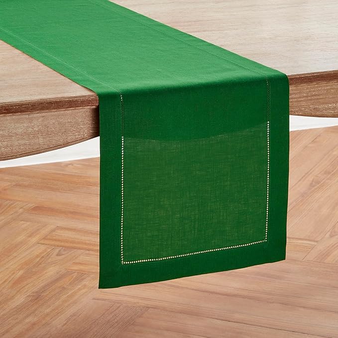 Solino Home Linen Garden Green Table Runner 144 Inches Long - 100% Pure Linen Extra Long Table Runner 14 x 144 Inch for Winter, St Patricks Day, Easter - Classic Hemstitch