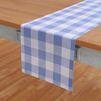 Solino Home Linen Checkered Table Runner 120 Inches Long - 100% Pure Linen Hydrangea Blue Buffalo Check Table Runner 14 x 120 Inch Ideal for Dining, Winter, Spring, Easter