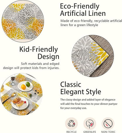 Abstract Yellow Gray Dahlia Flower Placemats Set of 6,Elegant Vinyl Place Mats Heat Resistant Washable Non-Slip Table Mats for Party Kitchen Dining Decor 12x18 Inch
