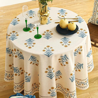 ISAENNE Designer French Pale Yellow Round Tablecloth,Linen Floral Table Cloth,Wrinkle Resistant Decor Tablecloths for Dining Thanksgiving Banquet Kitchen Party,Diameter 67"-Estevan A