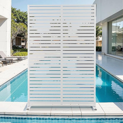 Metal Privacy Screen for Outdoor & Indoor Use, Free Standing Privacy Screen for Patio Garden Pool, 72" H x 47" W Decoative Privacy Panels, Weather Resistant, Easy Assembly (White Louvered)
