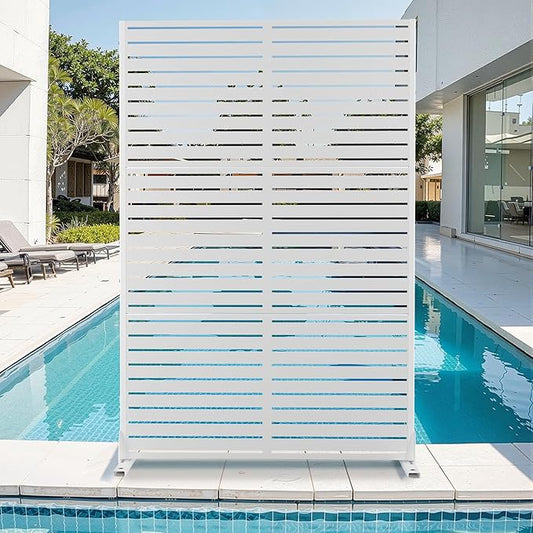 Metal Privacy Screen for Outdoor & Indoor Use, Free Standing Privacy Screen for Patio Garden Pool, 72" H x 47" W Decoative Privacy Panels, Weather Resistant, Easy Assembly (White Louvered)