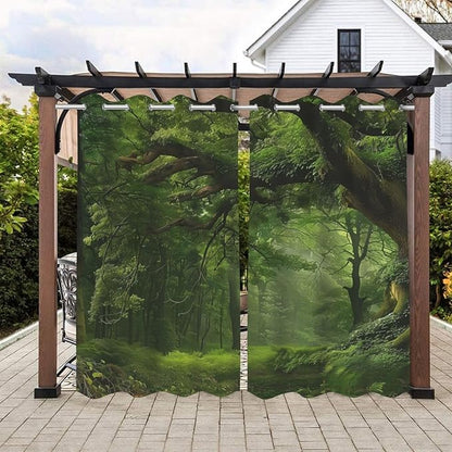 Nature Theme Outdoor Curtains for Patio Waterproof,Forest Pattern,Privacy Curtains for Porch Pergola Arbor Lanai Pool House Outside Deck,Set of 2 Panels,W54 x L108,Green