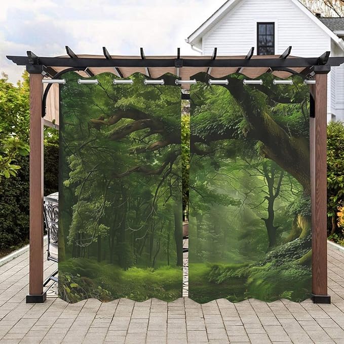 Nature Theme Outdoor Curtains for Patio Waterproof,Forest Pattern,UV and Fade Resistant Outside Curtains for Gazebo, Front Porch, Pergola,Set of 2 Panels,W42 x L84,Green