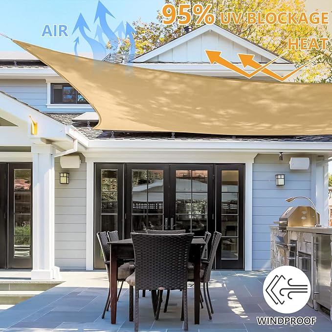 12' x 16' Rectangle Sun Shade Sail, 185 GSM HDPE, Sand | 95% UV block, - Image 6