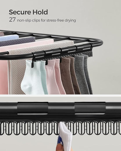 SONGMICS Clothes Drying Rack, Foldable 2-Level Laundry Drying Rack, Free-Standing Laundry Airer, with Height-Adjustable Wings, 33 Drying Rails, Sock Clips, Black ULLR053B01V1