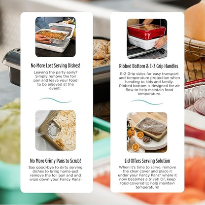 Fancy Panz - Denim Blue 9x13x2" Aluminum Foil Pan Carrier with Lid - Elevated Food Serving Tray - Portable Casserole Carrier with Lid - Made in the USA Hosting Essentials
