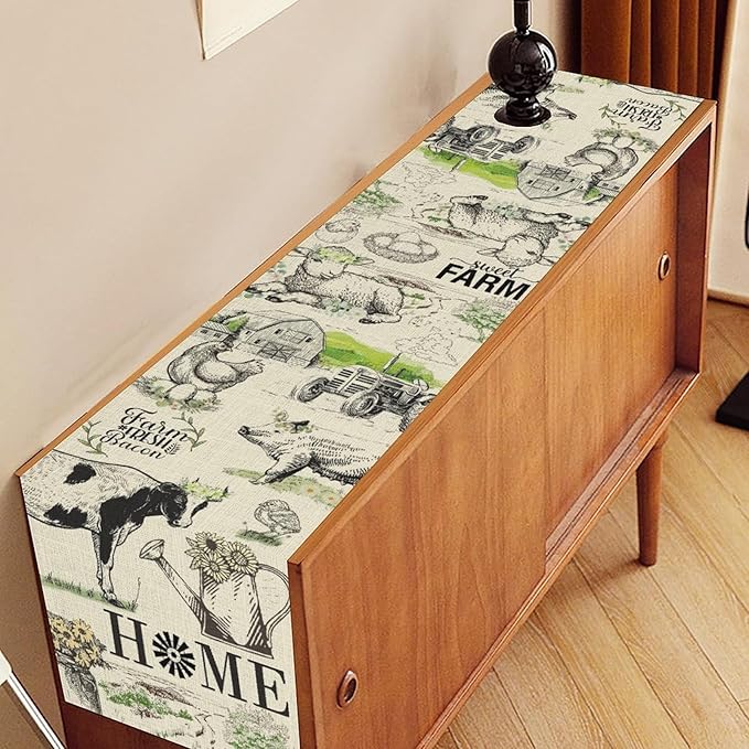 Farmhouse Cow Table Runner, Rustic Rooster Chicken Pig Floral Leaves Animals Spring Coffee Table Center Decor for Family Kitchen Dining and Outdoor Country Holiday Party Table Decorations, 13"x36"