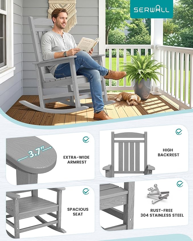 SERWALL Outdoor Rocking Chair Set of 4, Patio Rocking Chair, Light Gray | HDPE - Image 7